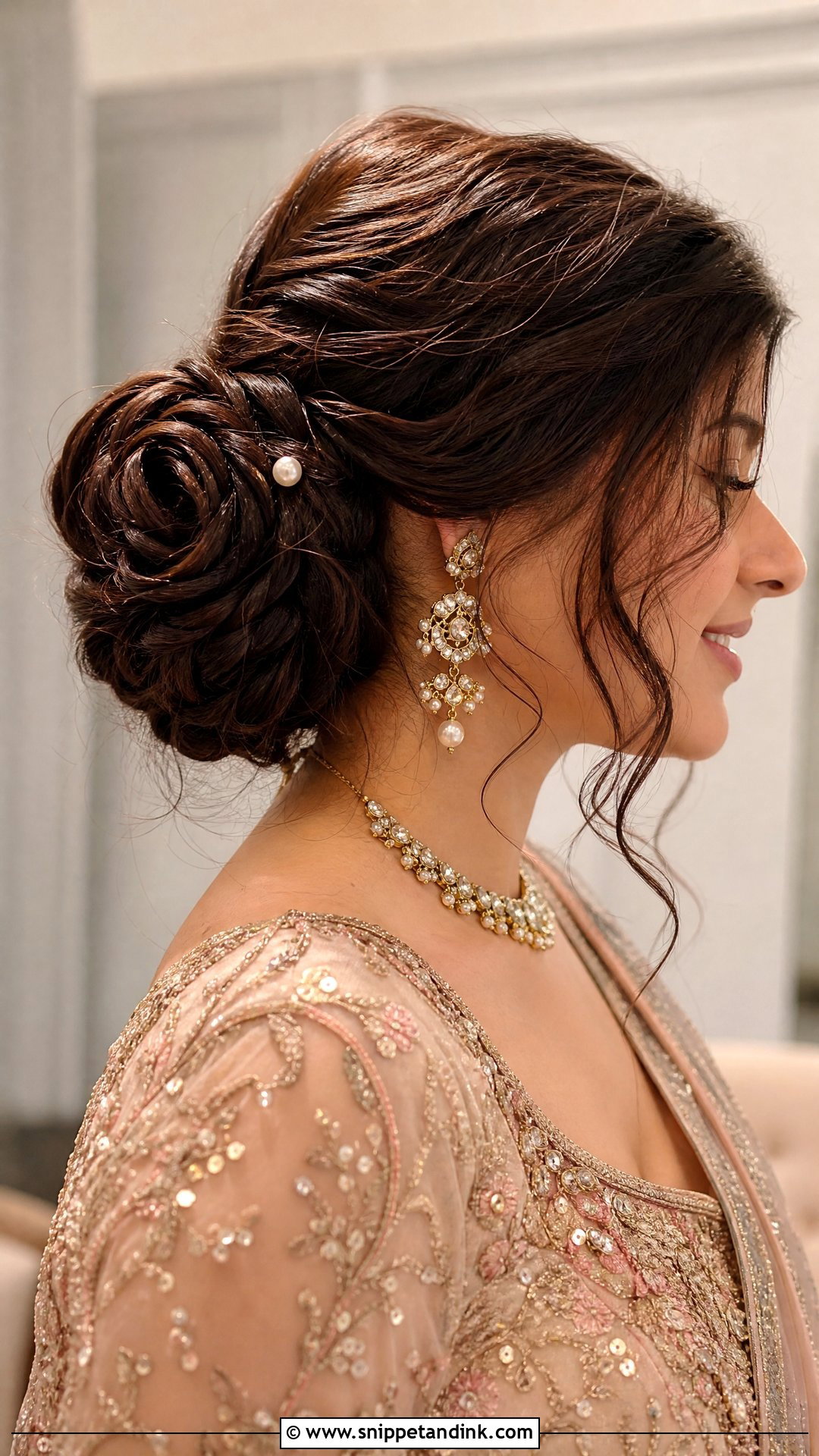 Rose Bun With Loose Curls - Snippet and Ink - 20 Sangeet Bridal Hairstyles