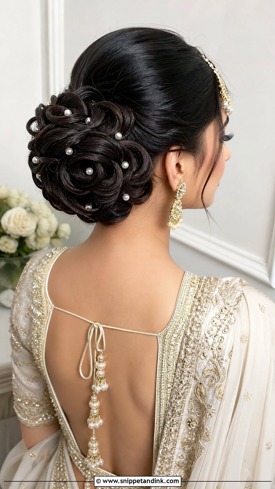 Rose Bun With Pearl Accents - Snippet and Ink - 20 Bridal Mehndi Hairstyles