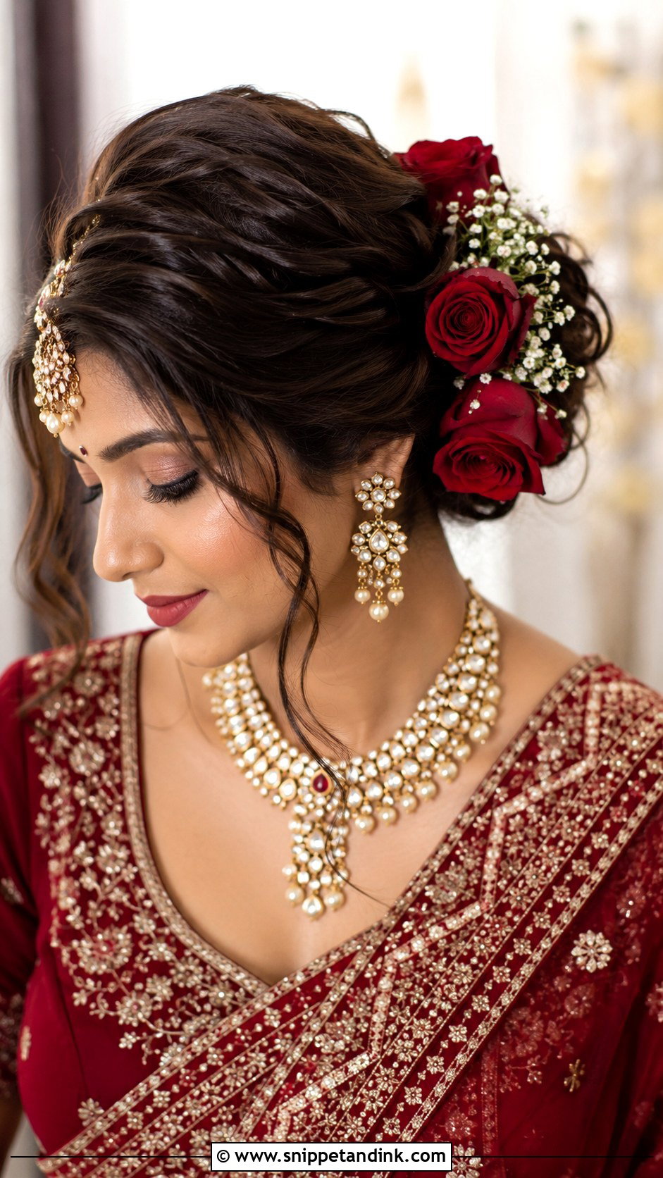 Rose Bun With Side Curls - Snippet and Ink - 25 Indian Wedding Hairstyle for Chubby Face Ideas