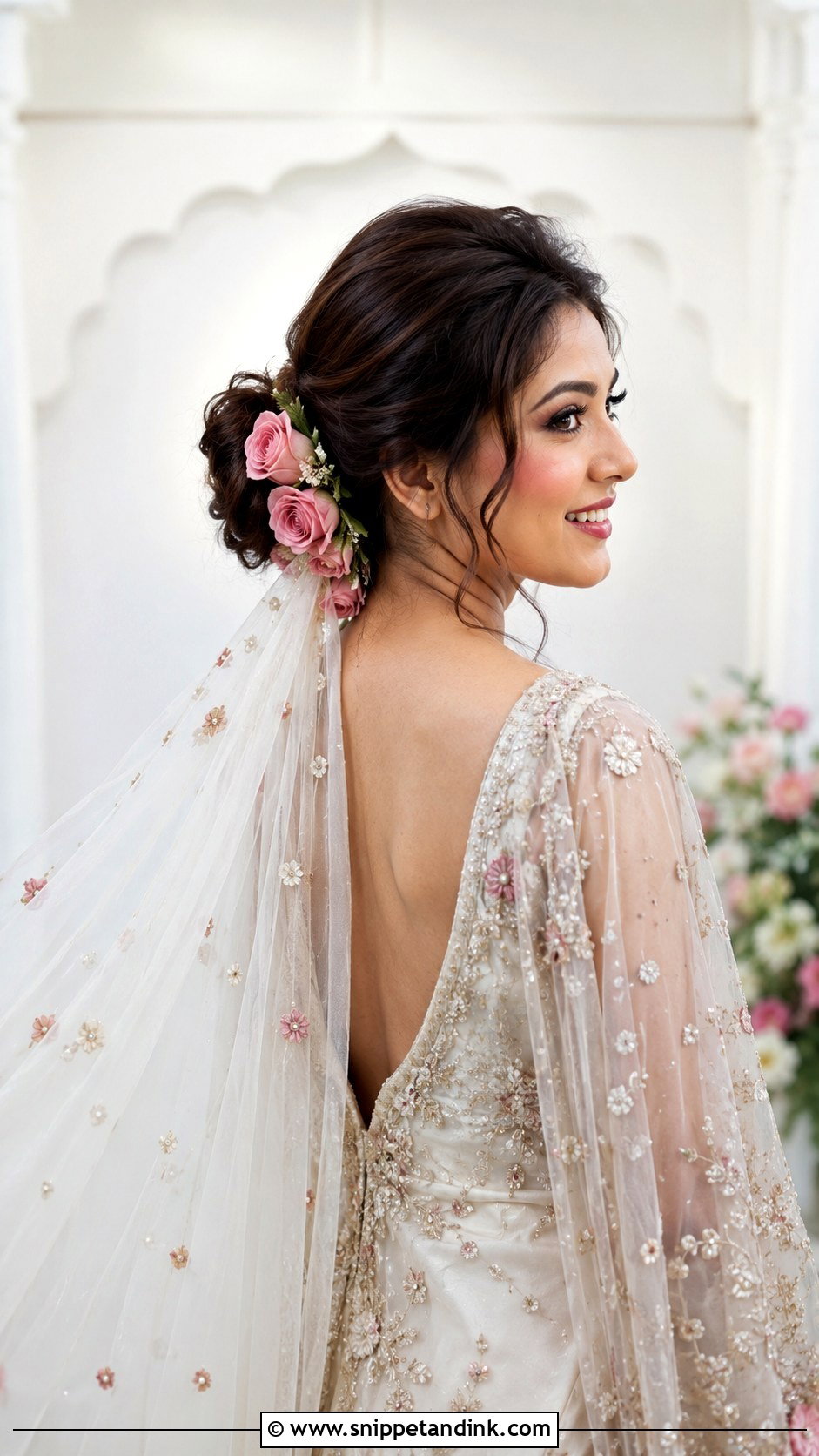 Rose Bun With Veil - Snippet and Ink - 35 Indian Wedding Bridal Hairstyle Ideas