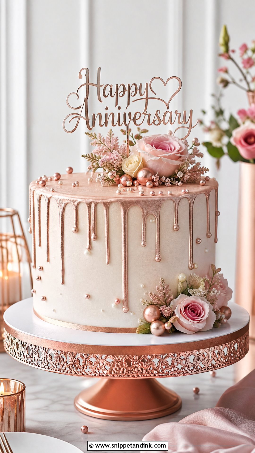Rose Gold Anniversary Cake - Snippet and Ink - 30 Marriage Anniversary Cake Design Ideas