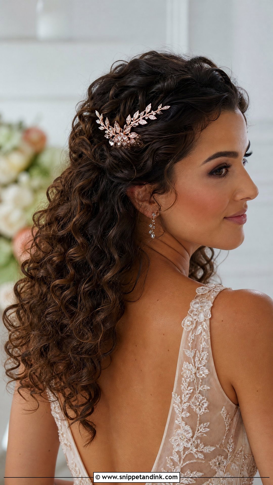 Rose Gold Bridal Hair Comb With Curly Hair - Snippet and Ink - 15 Bridal Hair Combs