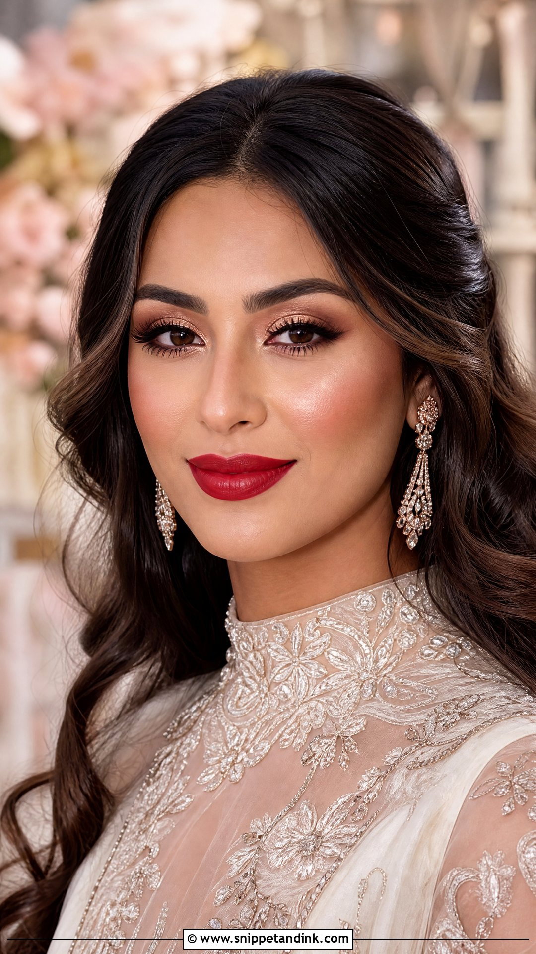 Rose Gold Bridal Makeup With Red Lipstick - Snippet and Ink - 20 Bride Red Lipstick Ideas
