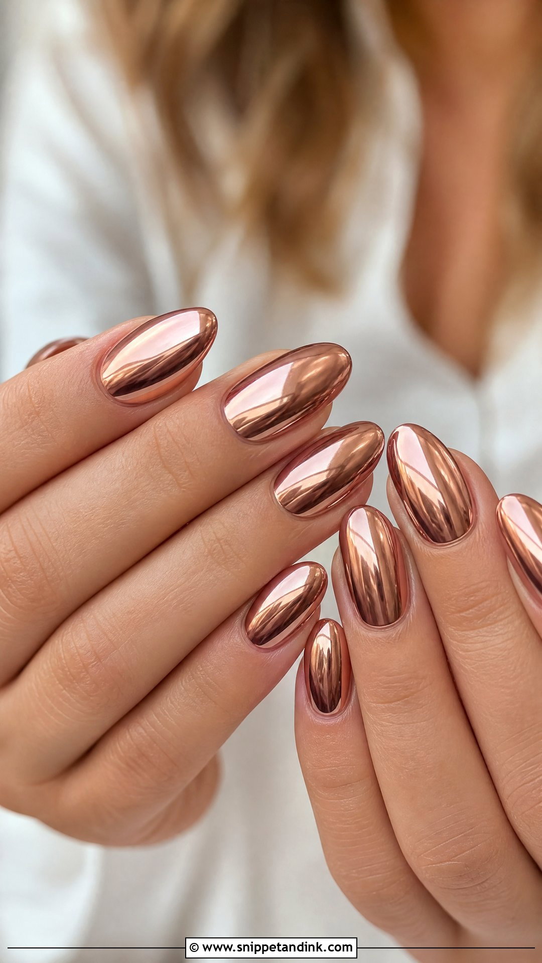 Rose Gold Chrome Wedding Guest Nails - Snippet and Ink - 25 Wedding Guest Nail Ideas