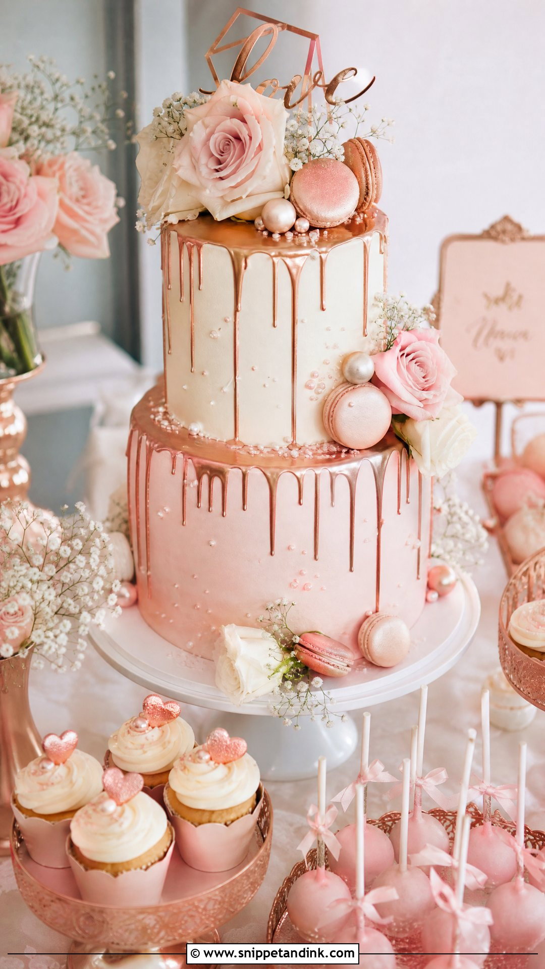 Rose Gold Dessert Table Wedding Cake - Snippet and Ink - 30 Rose Gold Cake Ideas for Wedding