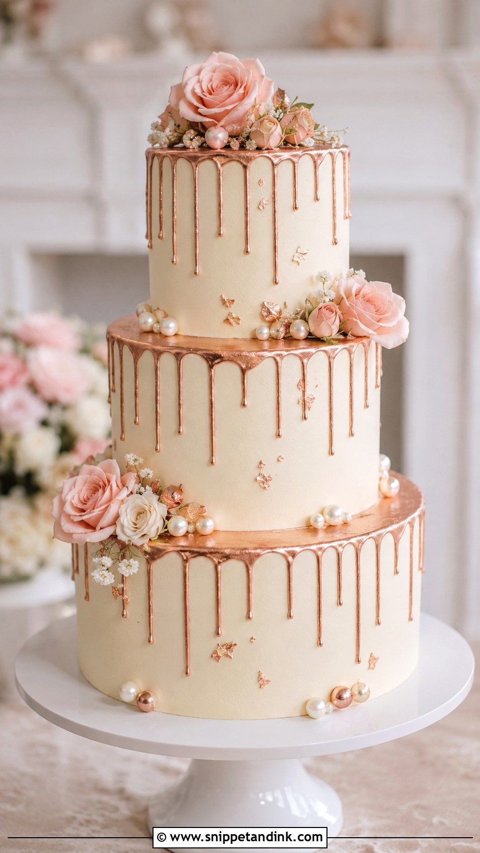 Rose Gold Drip Wedding Cake - Snippet and Ink - 25 Rose Gold Wedding Cake Designs
