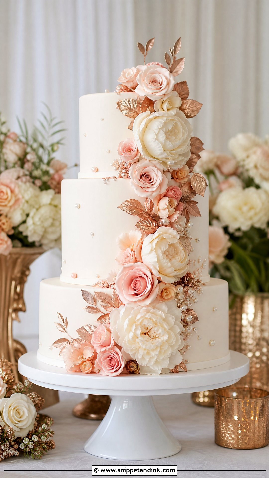 Rose Gold Floral Cascade Wedding Cake - Snippet and Ink - 30 Rose Gold Cake Ideas for Wedding