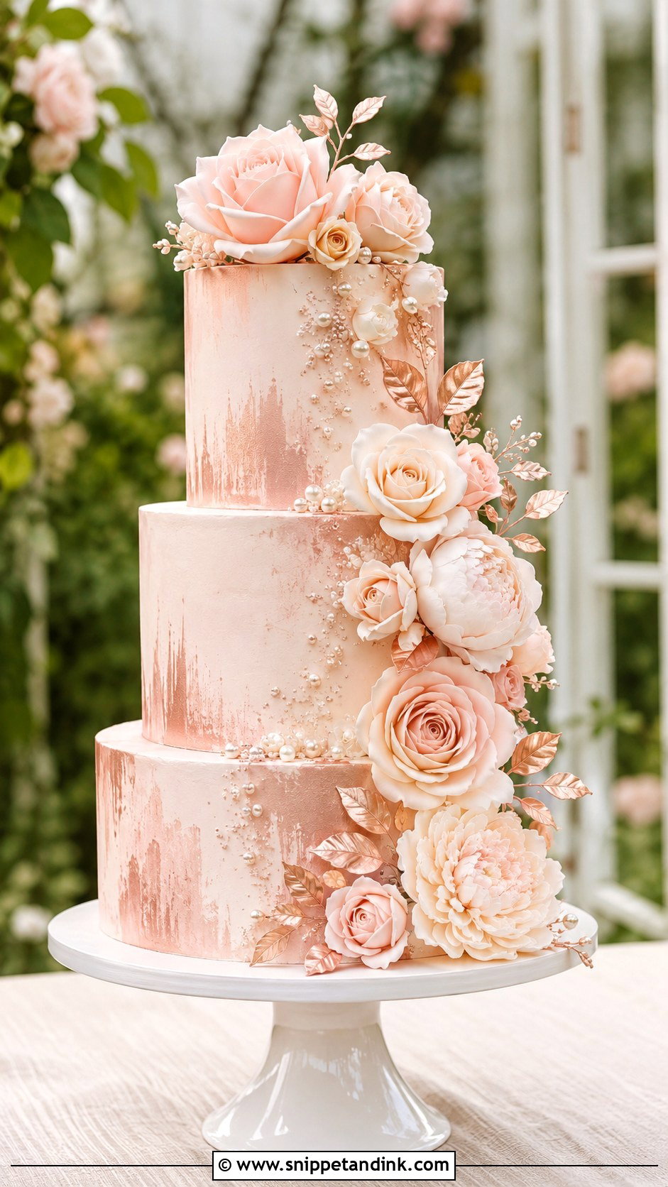 Rose Gold Floral Wedding Cake - Snippet and Ink - 25 Rose Gold Wedding Cake Designs