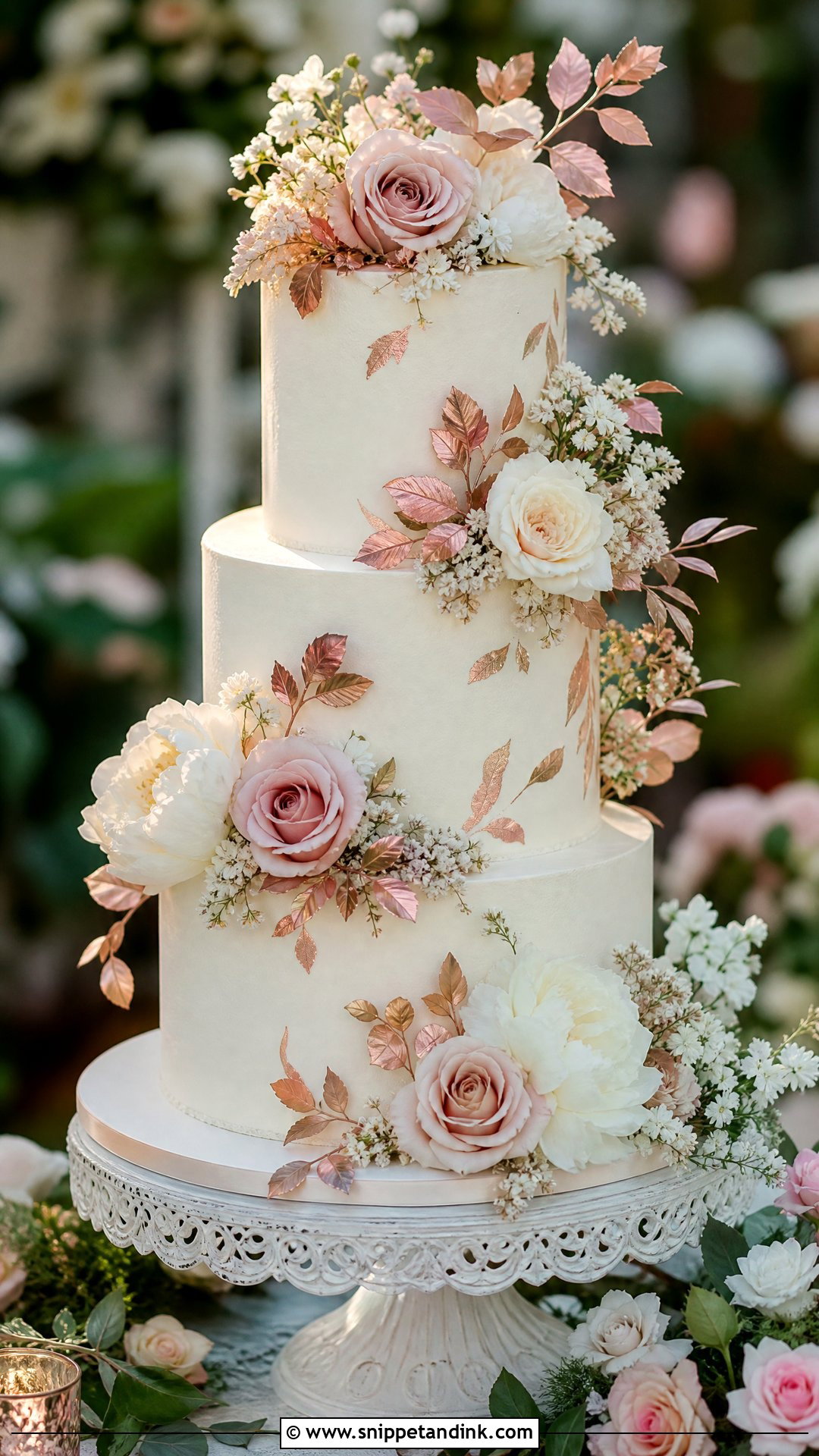 Rose Gold Floral Wedding Cake - Snippet and Ink - 30 Rose Gold Cake Ideas for Wedding