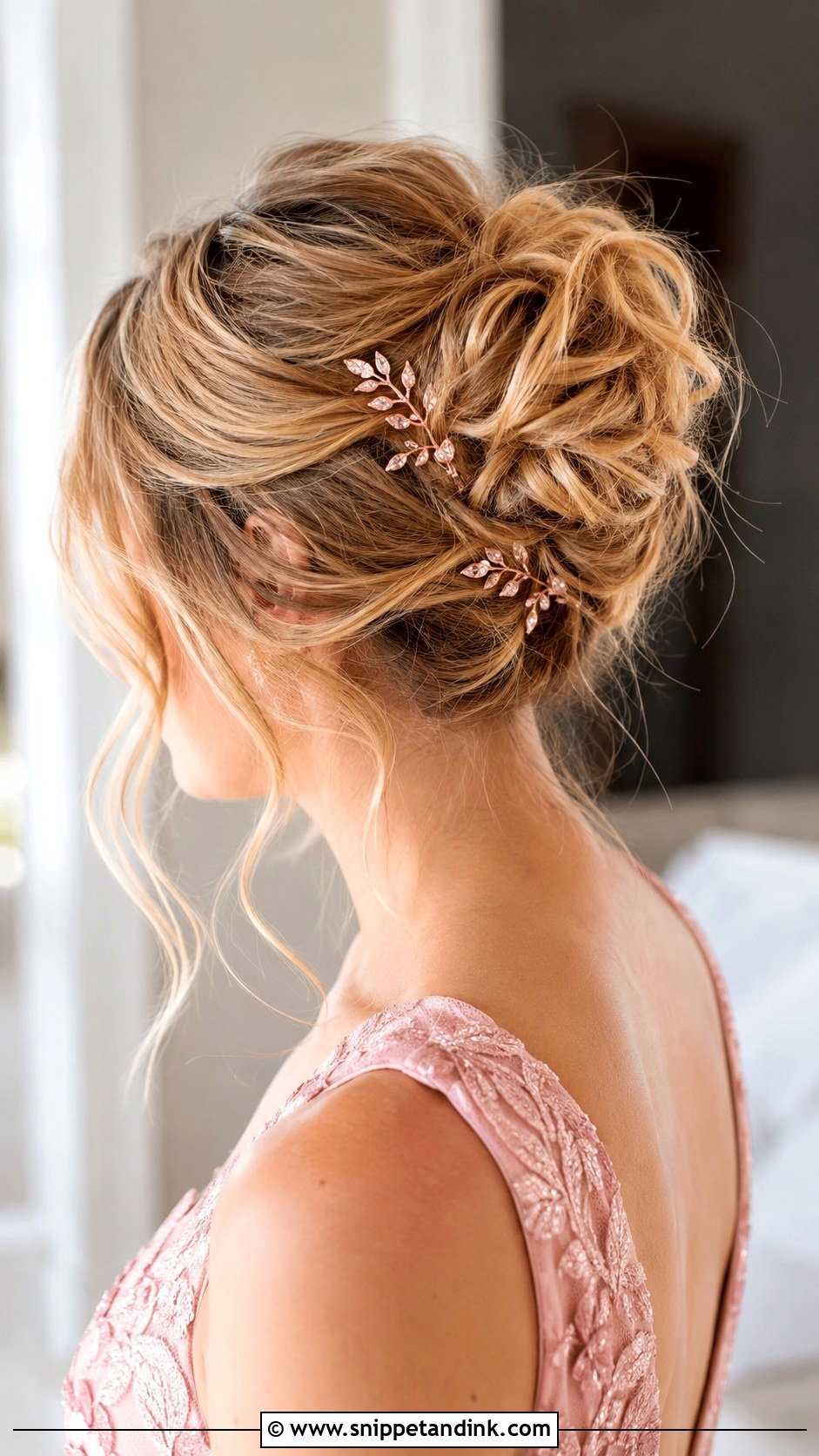 Rose Gold Hair Pins With a Messy Bun - Snippet and Ink - 20 Bridal Hair Pin Ideas