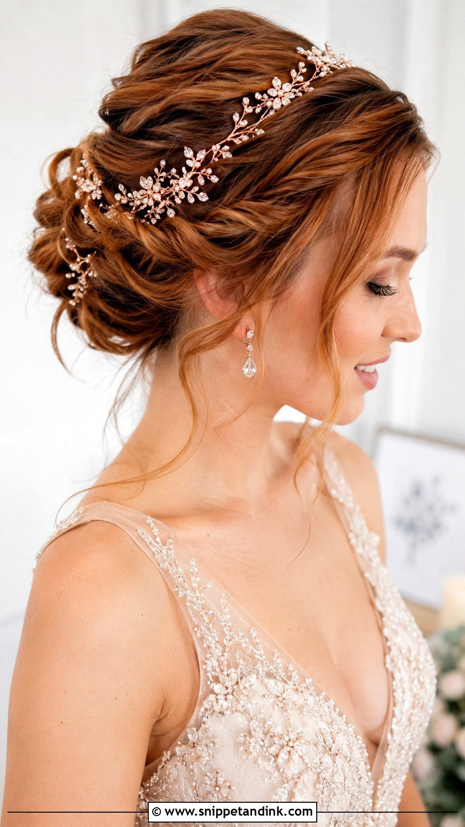Rose Gold Hair Vine With Romantic Updo - Snippet and Ink - 20 Bridal Hair Vine Ideas
