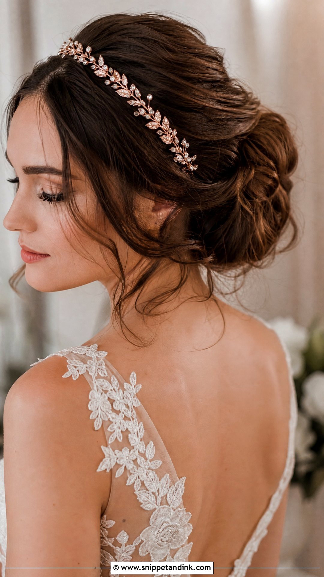 Rose Gold Headband With Soft Updo - Snippet and Ink - 20 Bridal Hair Headband Ideas