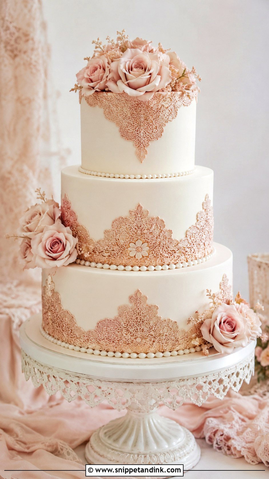 Rose Gold Lace Wedding Cake - Snippet and Ink - 25 Rose Gold Wedding Cake Designs