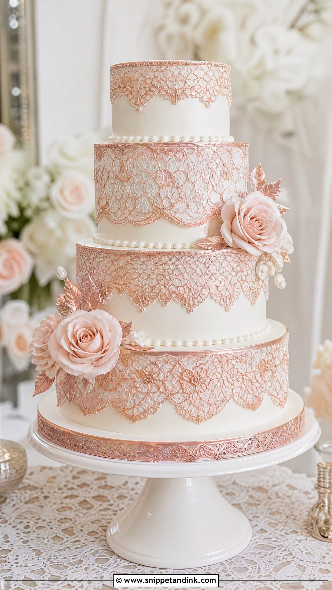 Rose Gold Lace Wedding Cake - Snippet and Ink - 30 Rose Gold Cake Ideas for Wedding
