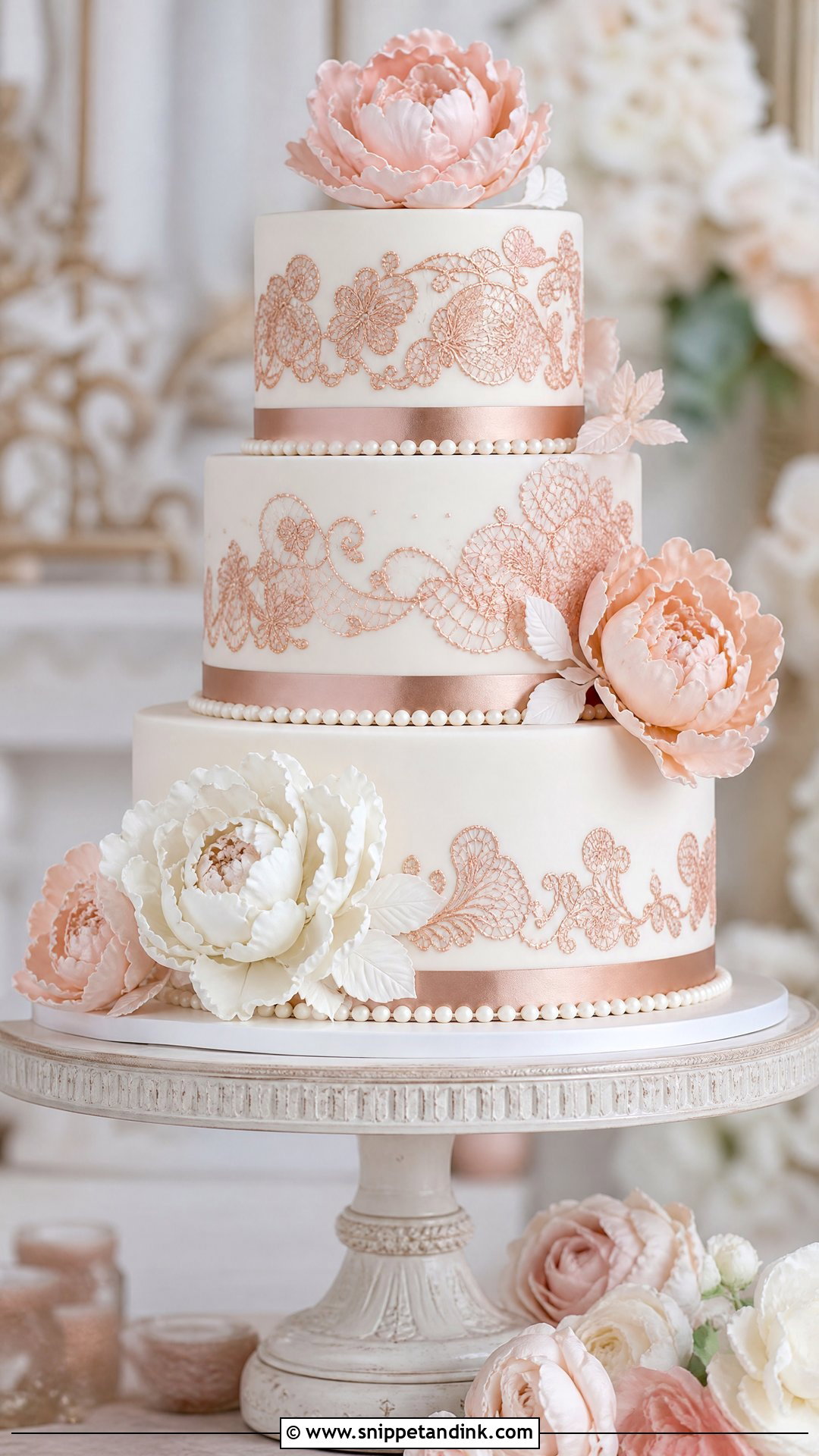 Rose Gold Lace Wedding Cake - Snippet and Ink - 20 Rose Gold Cakes for Wedding