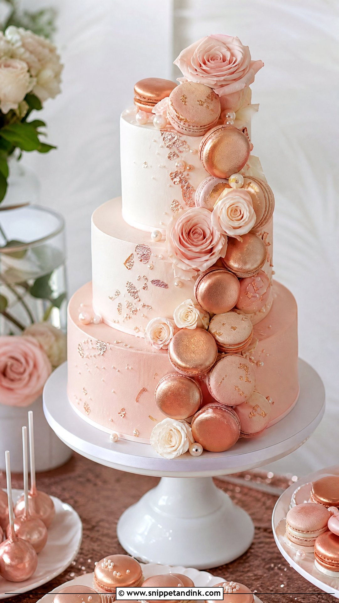 Rose Gold Macaron Wedding Cake - Snippet and Ink - 30 Rose Gold Cake Ideas for Wedding