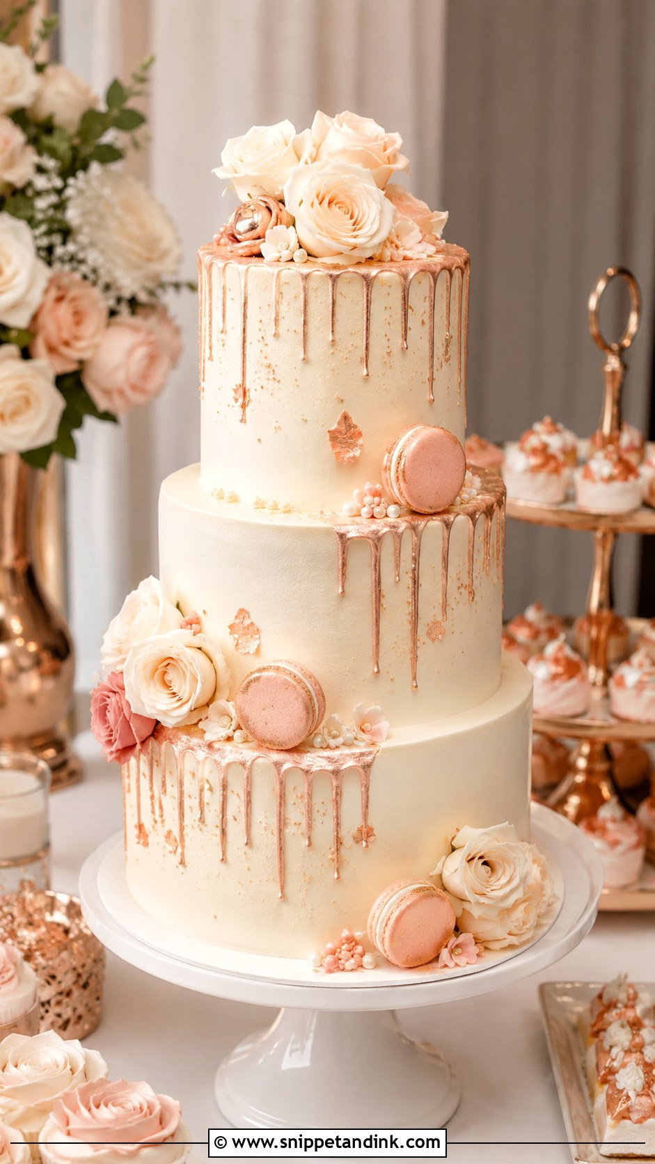 Rose Gold Macaron Wedding Cake - Snippet and Ink - 25 Rose Gold Wedding Cake Designs