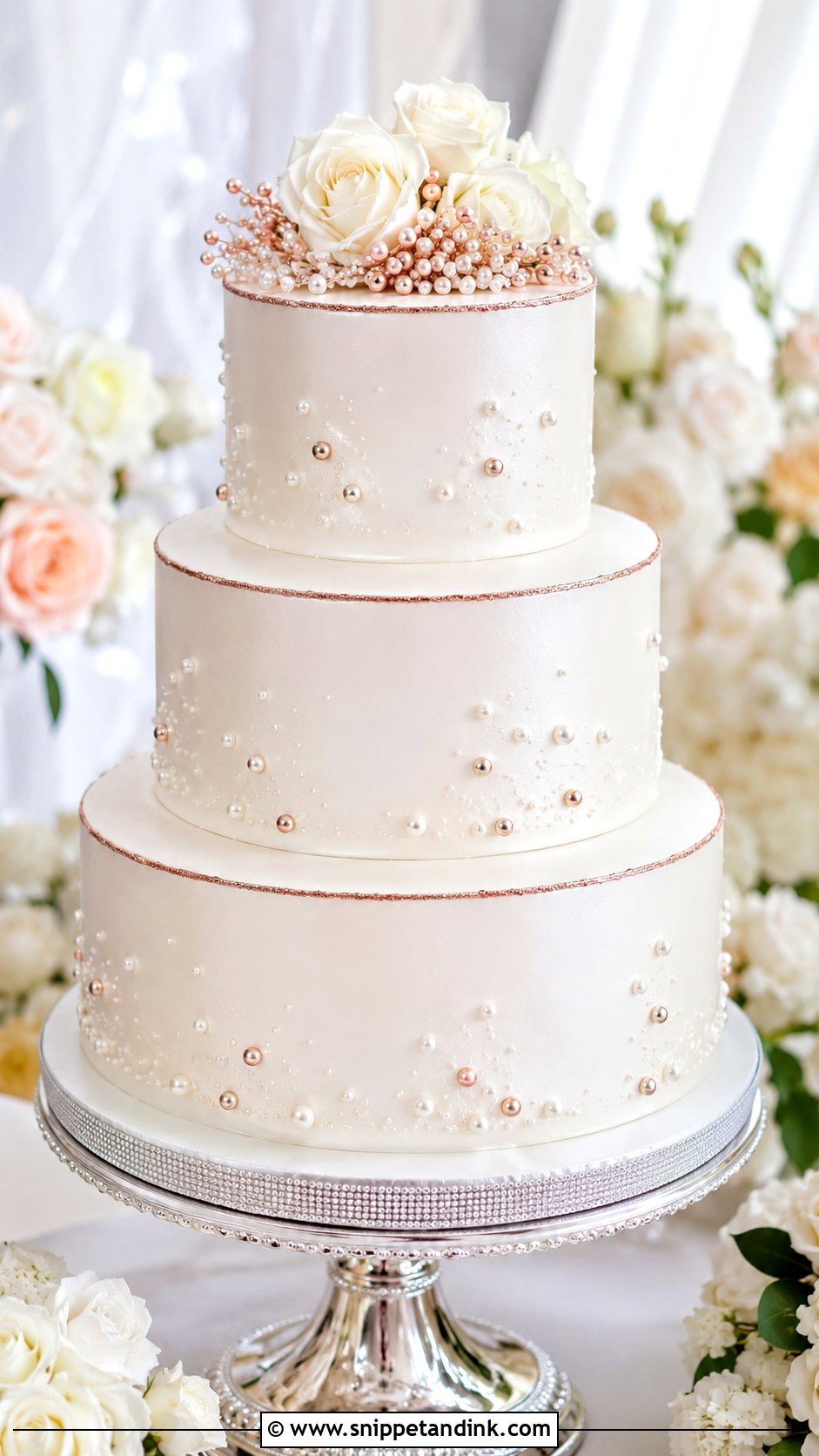 Rose Gold Pearl Wedding Cake - Snippet and Ink - 25 Rose Gold Wedding Cake Designs