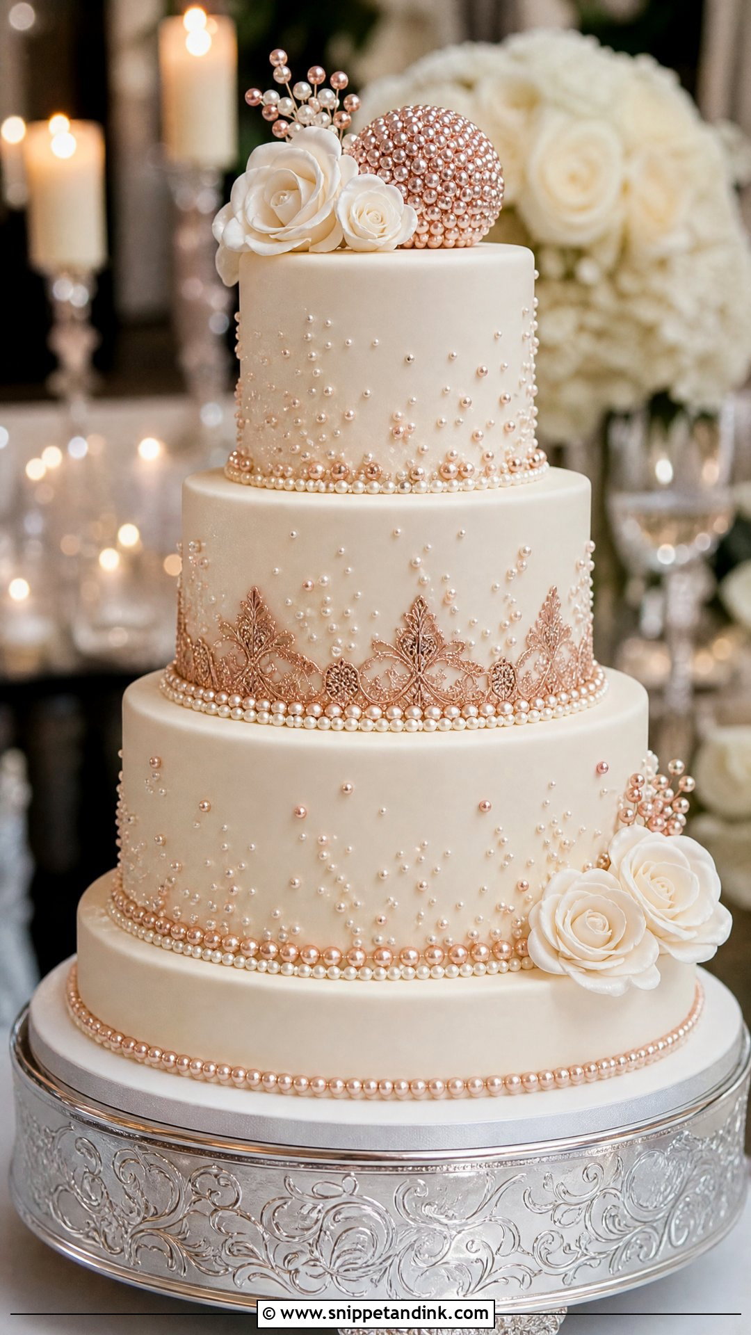 Rose Gold Pearl Wedding Cake - Snippet and Ink - 30 Rose Gold Cake Ideas for Wedding
