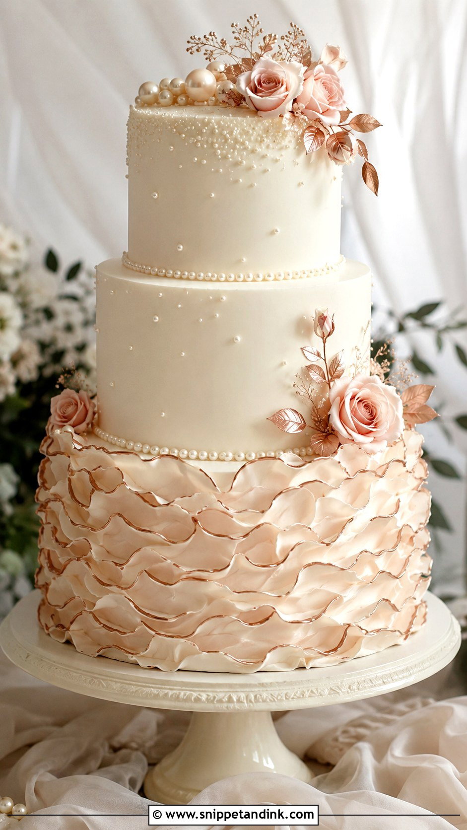 Rose Gold Ruffle Wedding Cake - Snippet and Ink - 25 Rose Gold Wedding Cake Designs