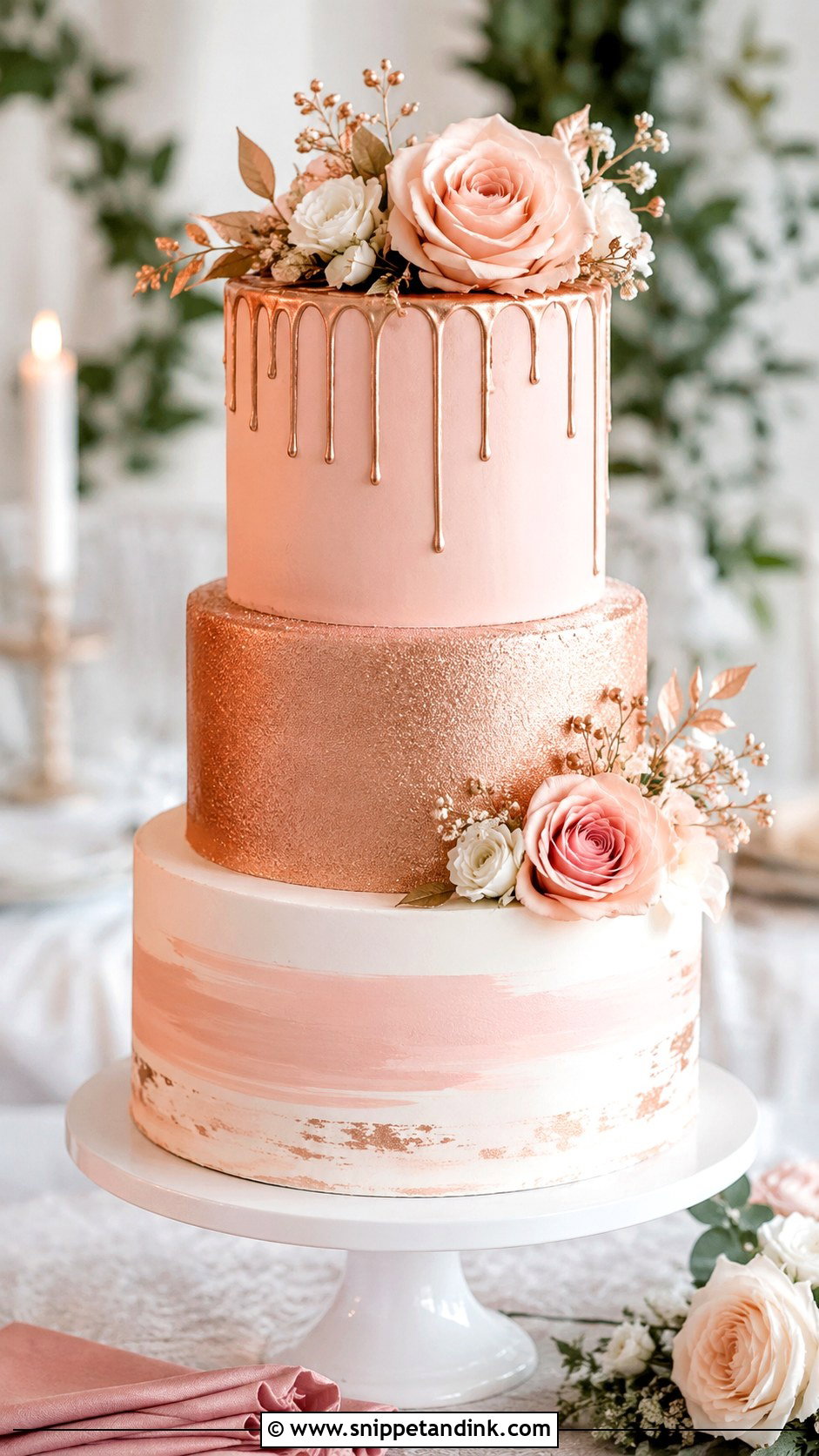 Rose Gold Shimmer Wedding Cake - Snippet and Ink - 20 Shimmer Wedding Cake Ideas