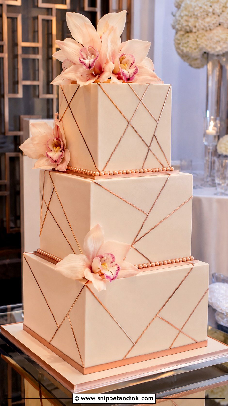 Rose Gold Square Wedding Cake - Snippet and Ink - 25 Rose Gold Wedding Cake Designs
