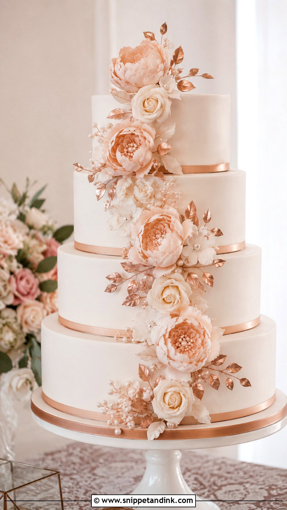 Rose Gold Sugar Flower Wedding Cake - Snippet and Ink - 25 Rose Gold Wedding Cake Designs