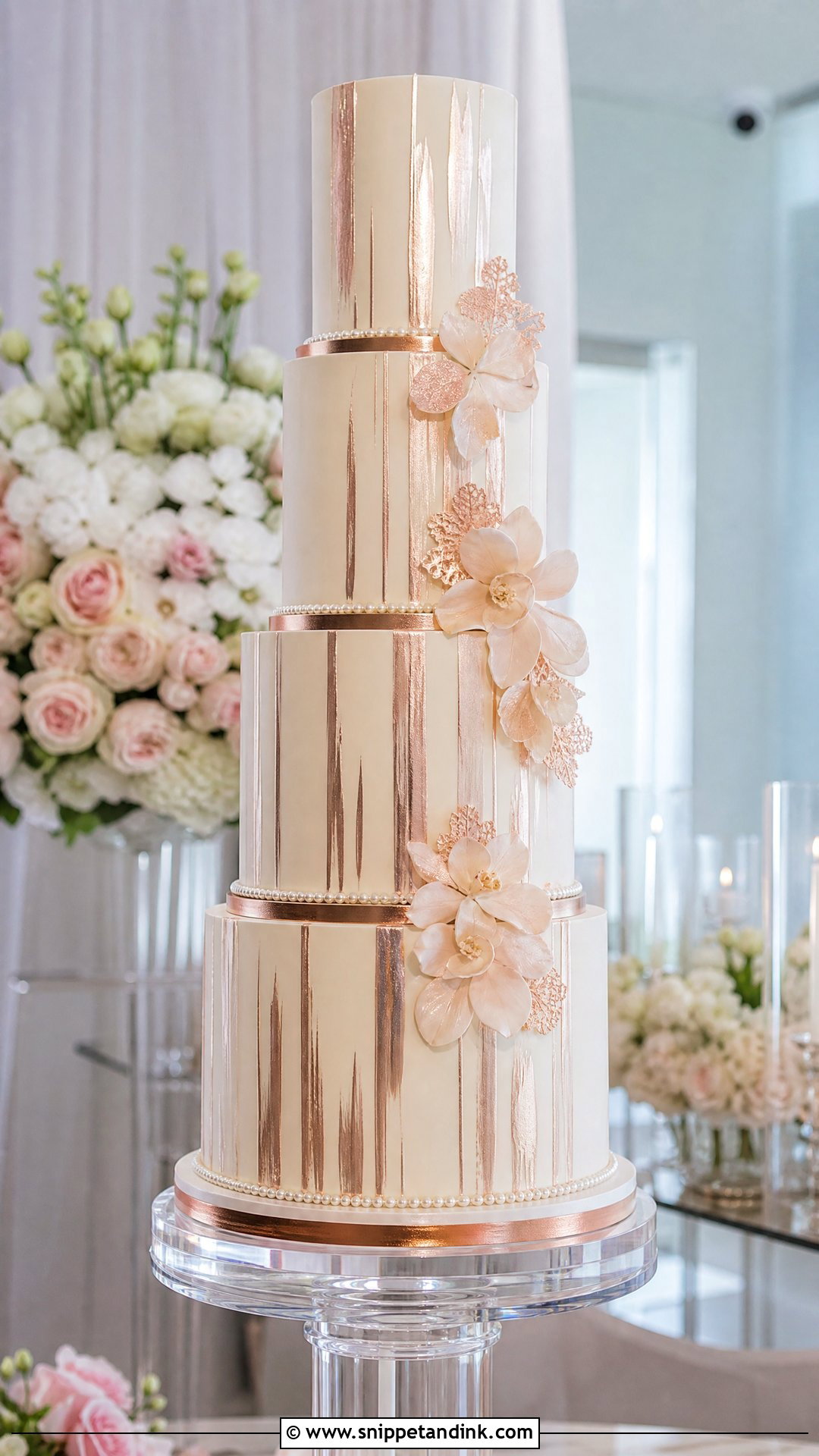 Rose Gold Tall Wedding Cake - Snippet and Ink - 30 Rose Gold Cake Ideas for Wedding