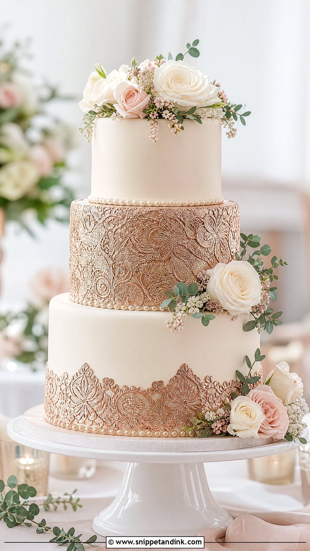 Rose Gold Three Tier Wedding Cake - Snippet and Ink - 30 Rose Gold Cake Ideas for Wedding