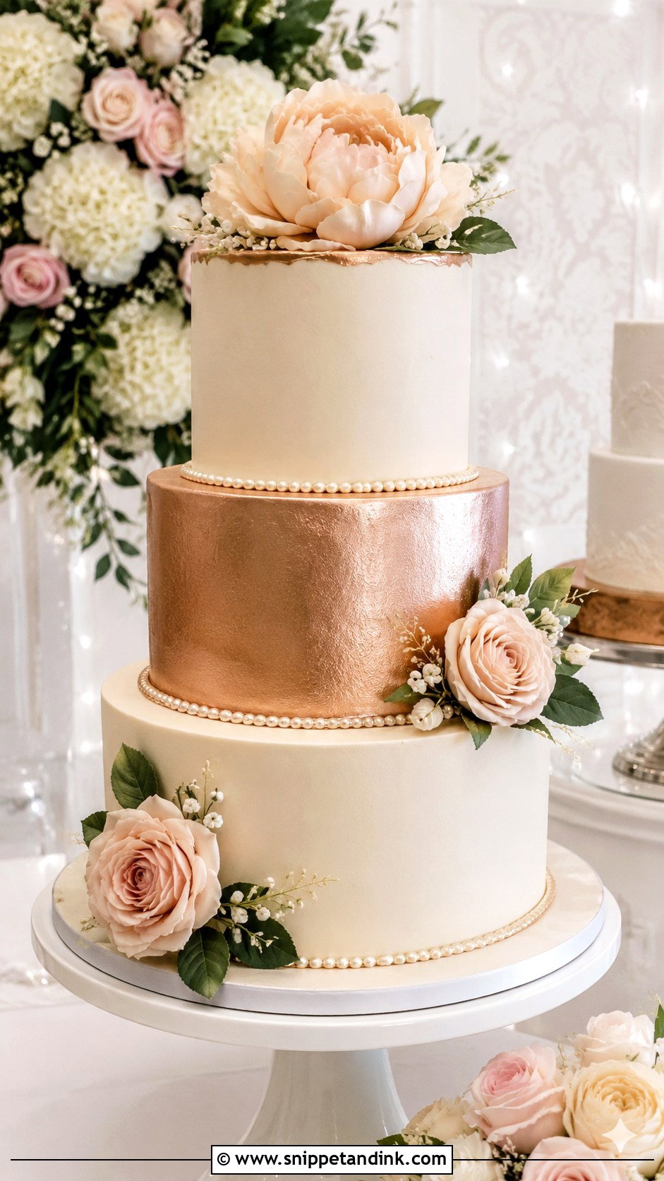 Rose Gold Three Tier Wedding Cake - Snippet and Ink - 25 Rose Gold Wedding Cake Designs