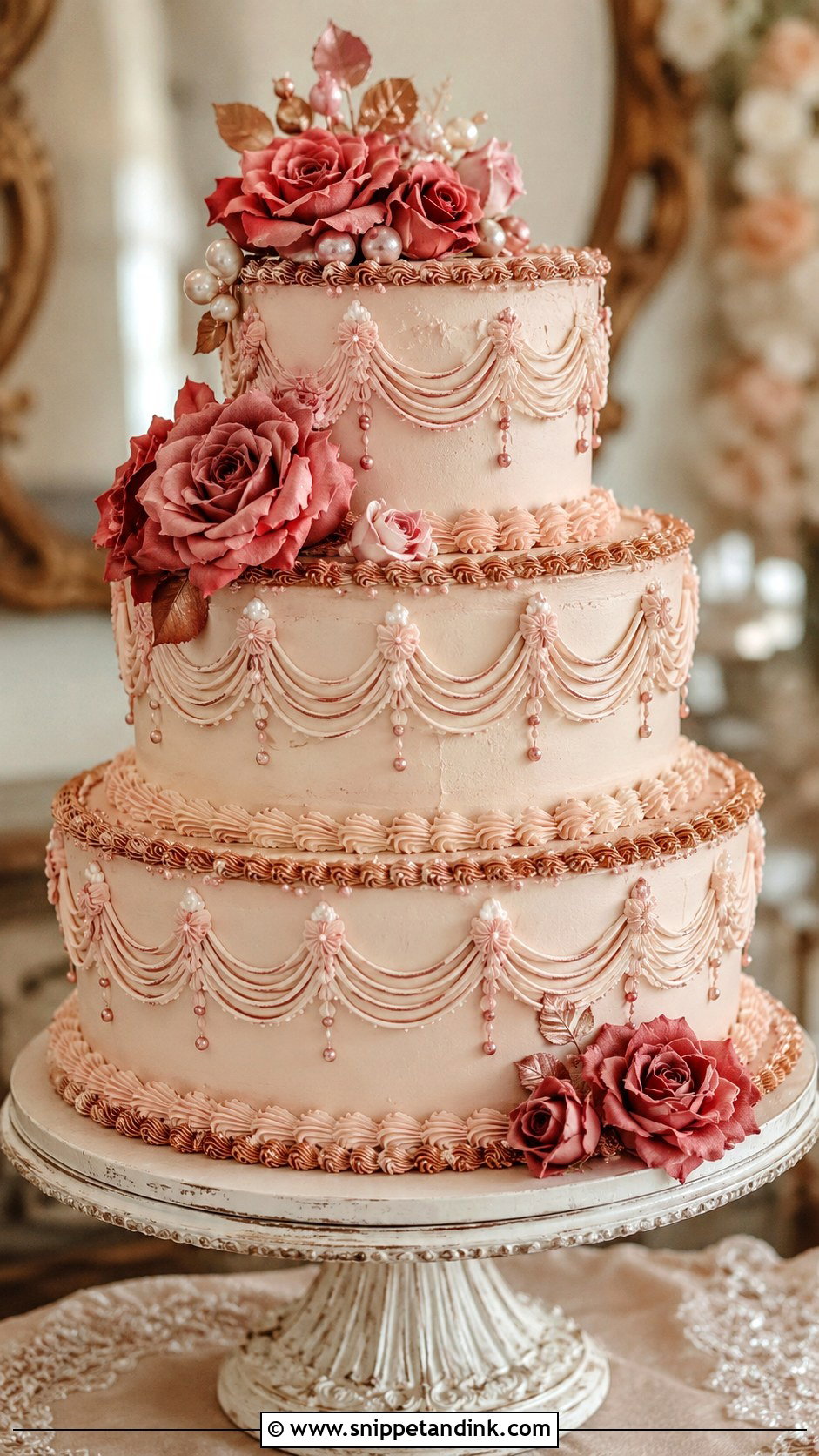 Rose Gold Vintage Wedding Cake - Snippet and Ink - 25 Rose Gold Wedding Cake Designs