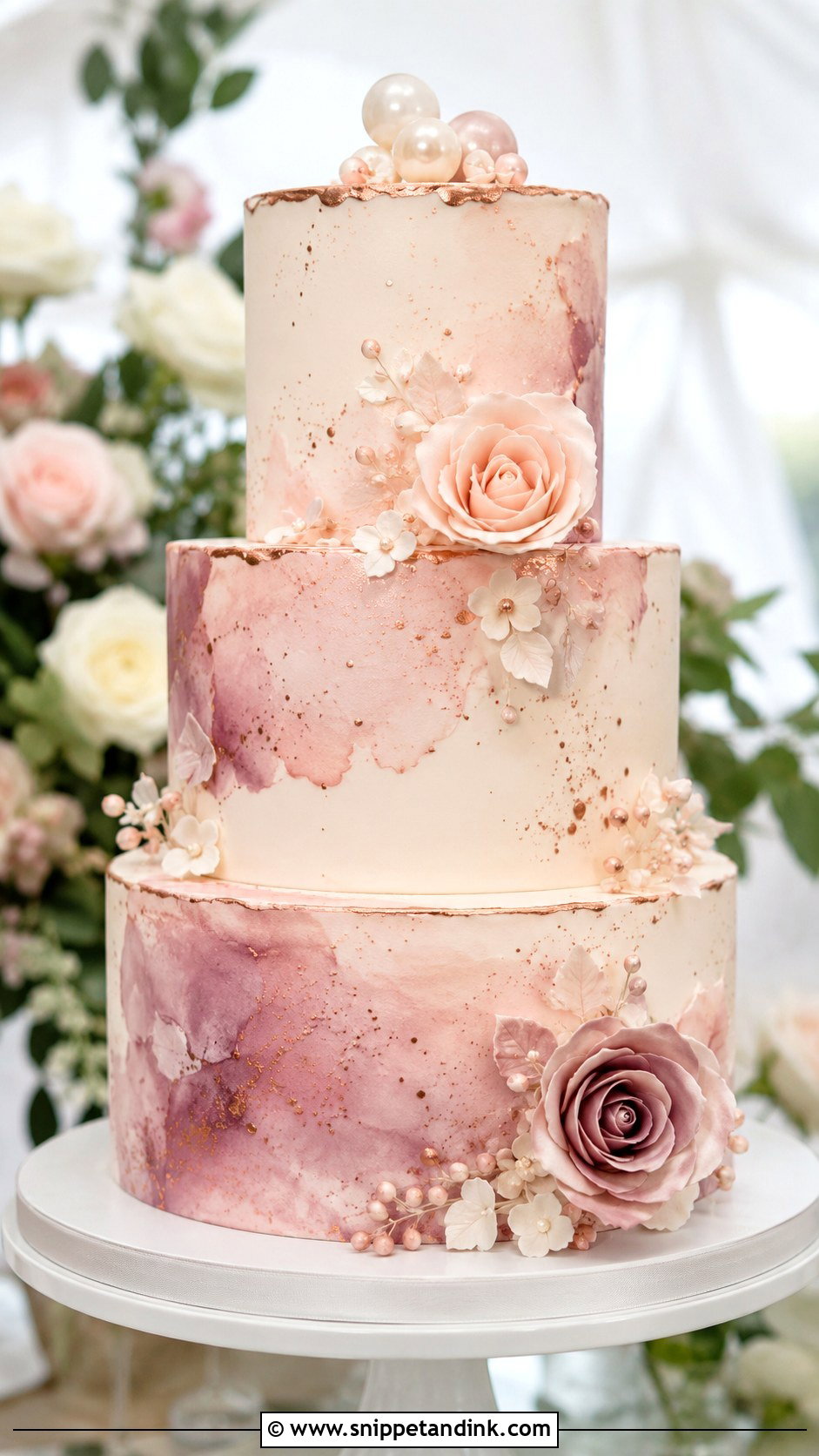 Rose Gold Watercolor Wedding Cake - Snippet and Ink - 25 Rose Gold Wedding Cake Designs
