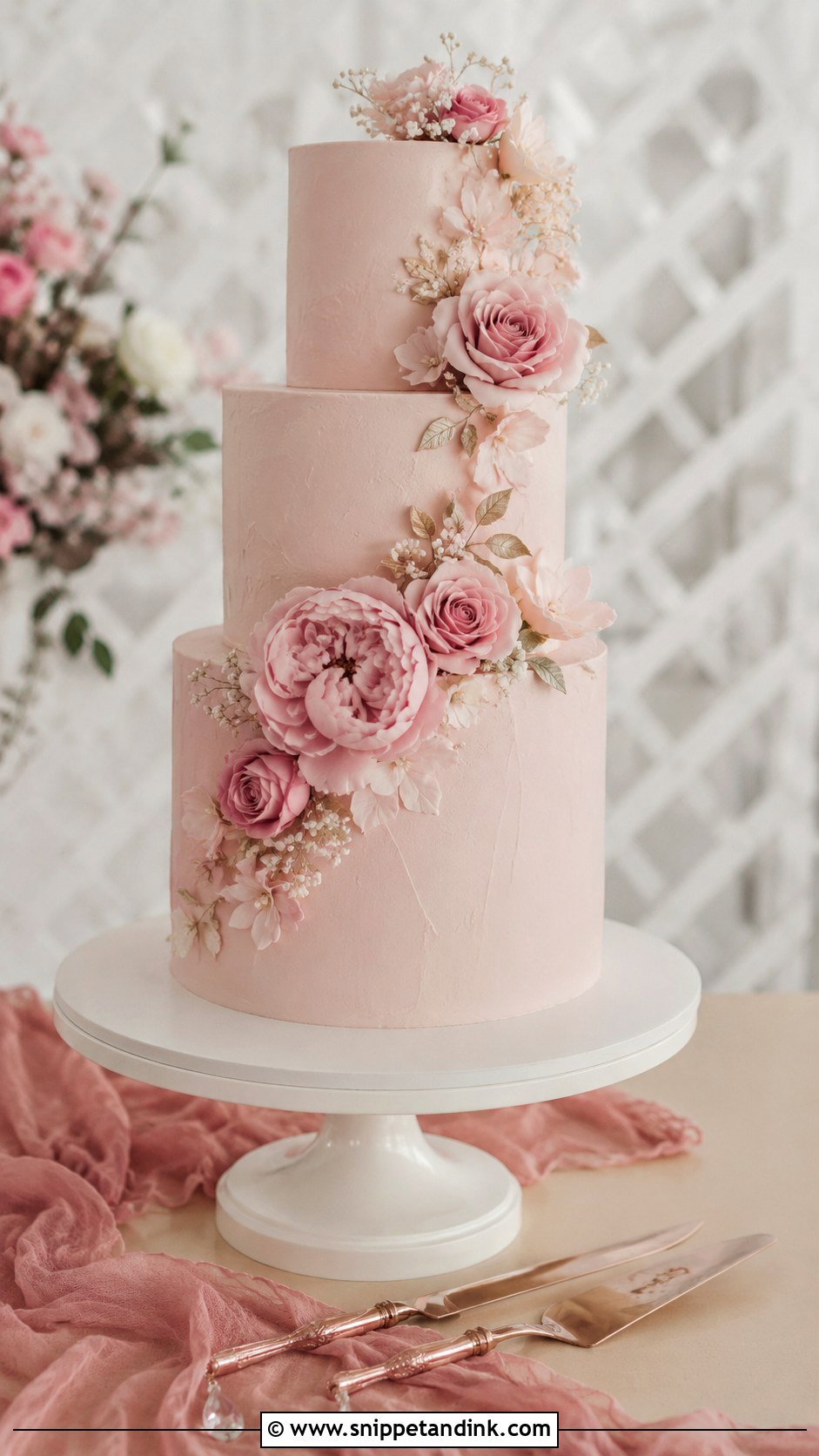 Rose Gold Wedding Cake Knife With Pink Wedding Cake - Snippet and Ink - 30 Wedding Cake Knife Decoration Ideas