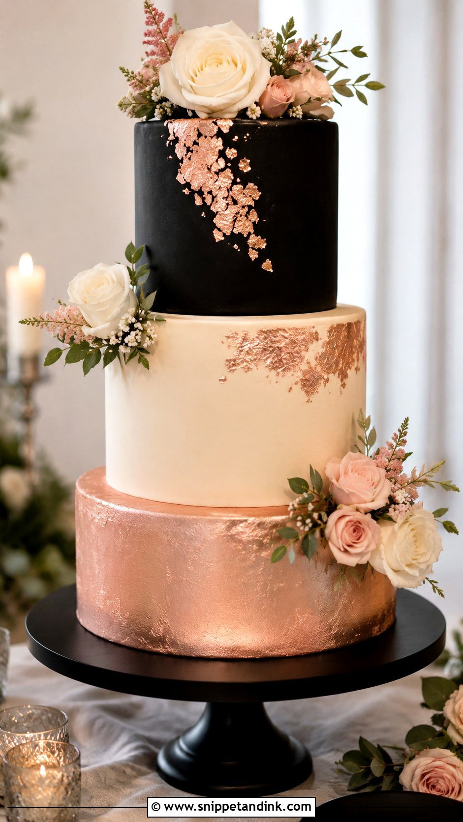 Rose Gold Wedding Cake With Black - Snippet and Ink - 25 Rose Gold Wedding Cake Ideas