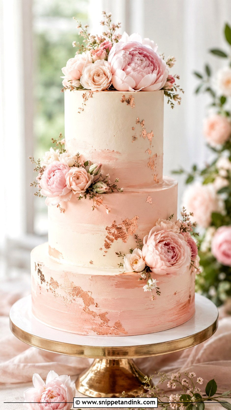 Rose Gold Wedding Cake With Blush Flowers - Snippet and Ink - 25 Rose Gold Wedding Cake Ideas