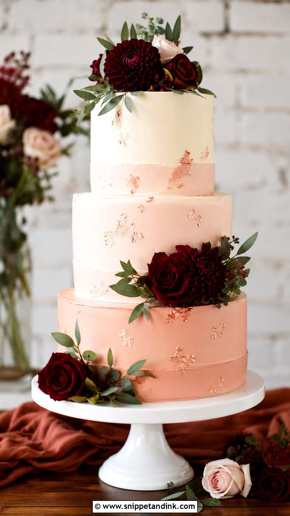 Rose Gold Wedding Cake With Burgundy Flowers - Snippet and Ink - 25 Rose Gold Wedding Cake Ideas