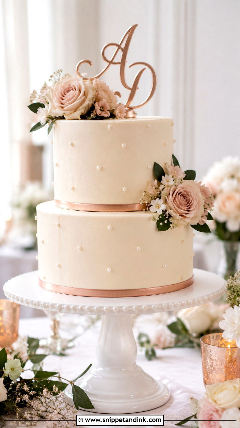 Rose Gold Wedding Cake With Cake Topper - Snippet and Ink - 25 Rose Gold Wedding Cake Ideas