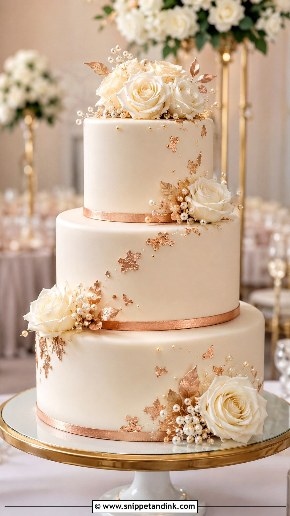 Rose Gold Wedding Cake With Champagne Color - Snippet and Ink - 25 Rose Gold Wedding Cake Ideas