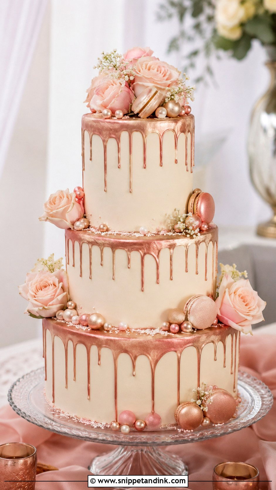 Rose Gold Wedding Cake With Drip - Snippet and Ink - 25 Rose Gold Wedding Cake Ideas