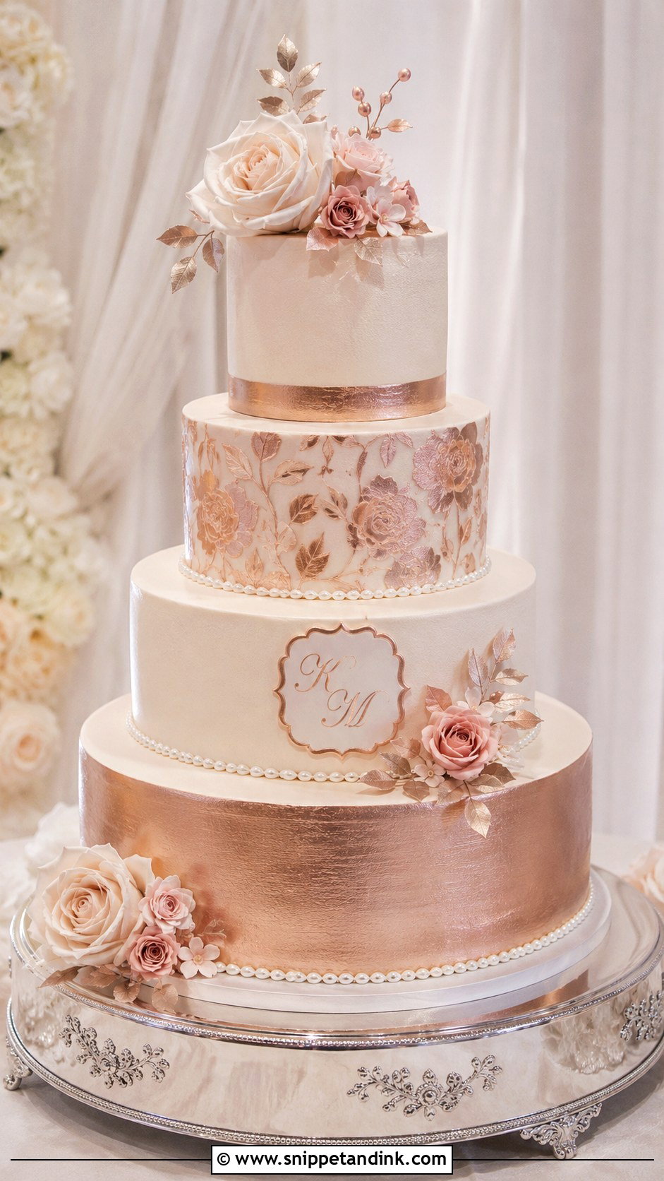 Rose Gold Wedding Cake With Fondant - Snippet and Ink - 25 Rose Gold Wedding Cake Ideas