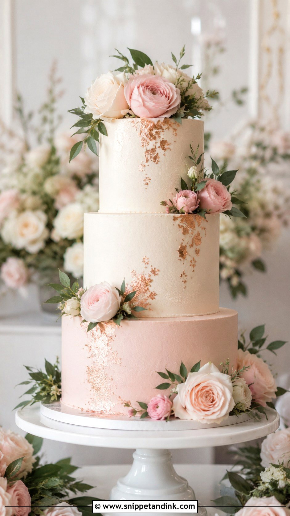 Rose Gold Wedding Cake With Fresh Flowers - Snippet and Ink - 25 Rose Gold Wedding Cake Ideas