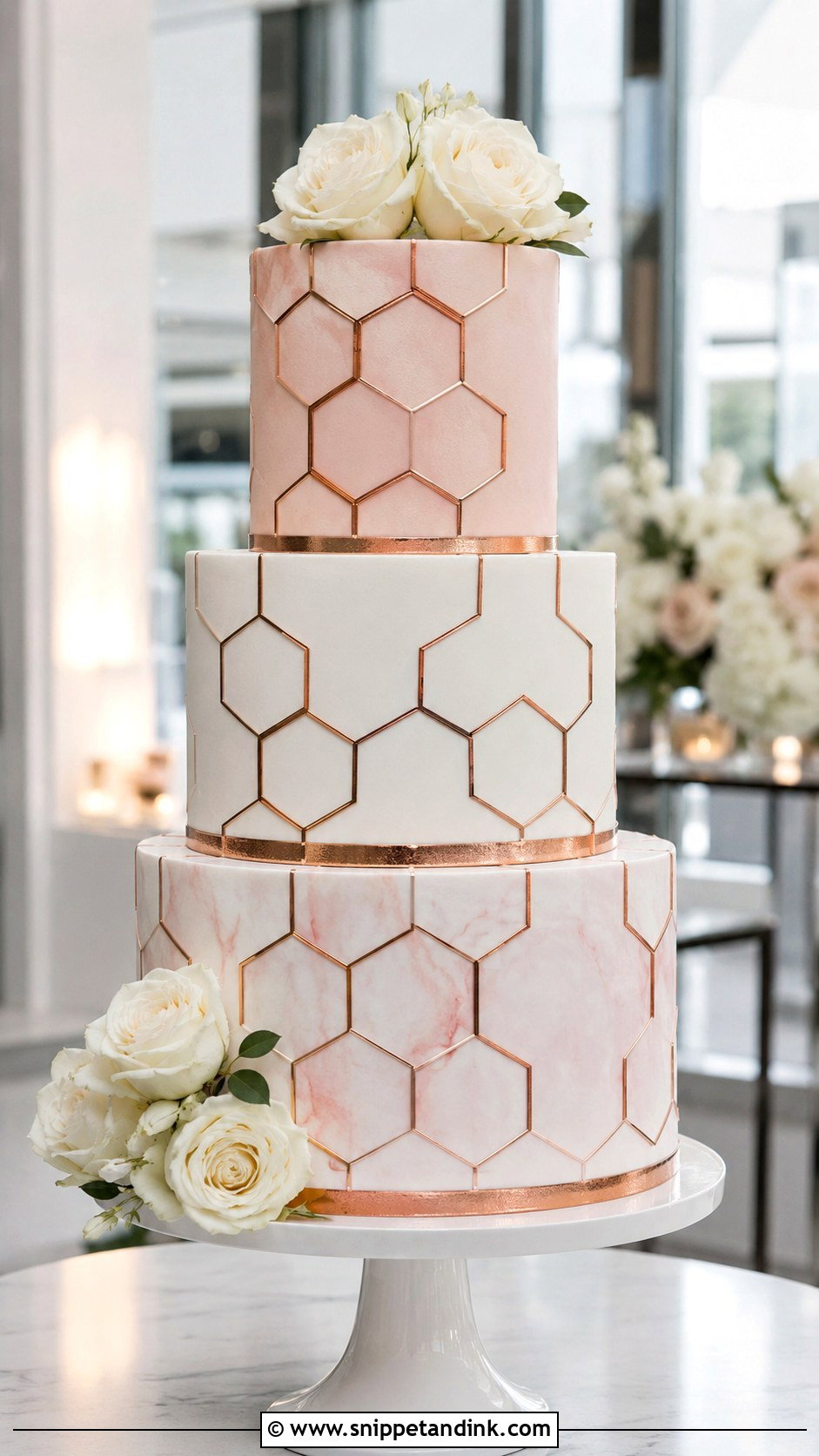 Rose Gold Wedding Cake With Geometric Pattern - Snippet and Ink - 25 Rose Gold Wedding Cake Ideas