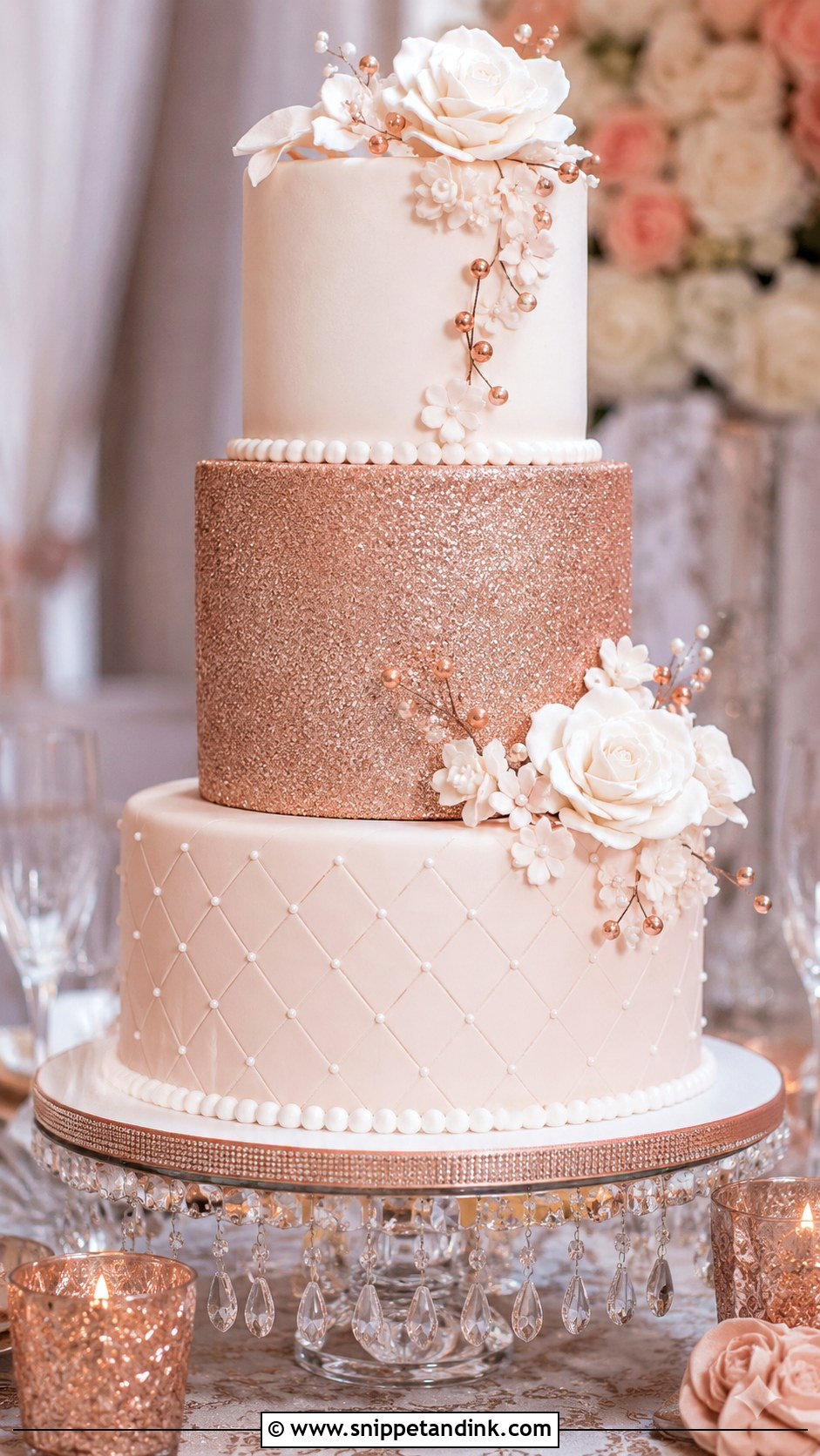 Rose Gold Wedding Cake With Glitter Tier - Snippet and Ink - 25 Rose Gold Wedding Cake Ideas