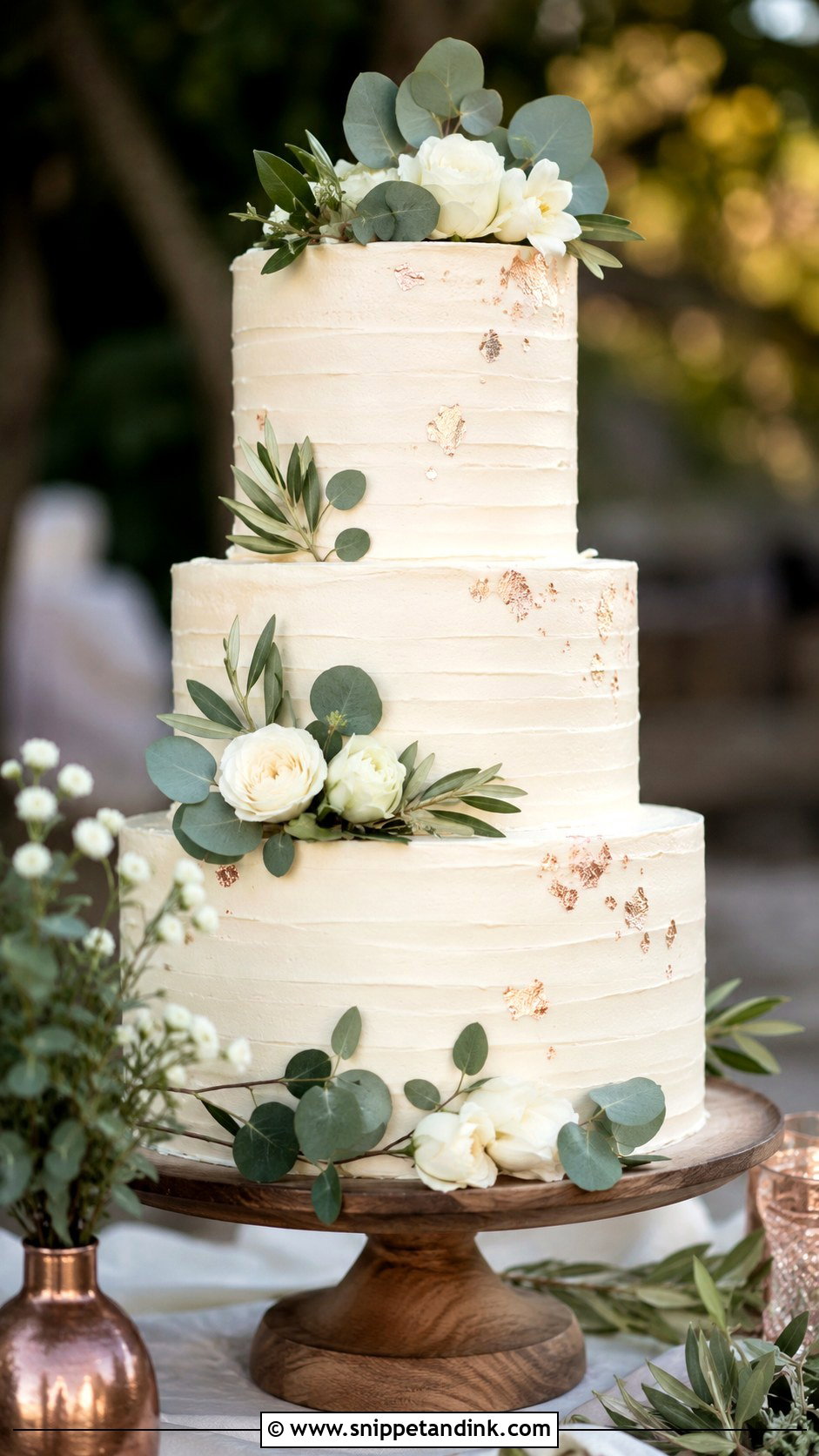 Rose Gold Wedding Cake With Greenery - Snippet and Ink - 25 Rose Gold Wedding Cake Ideas