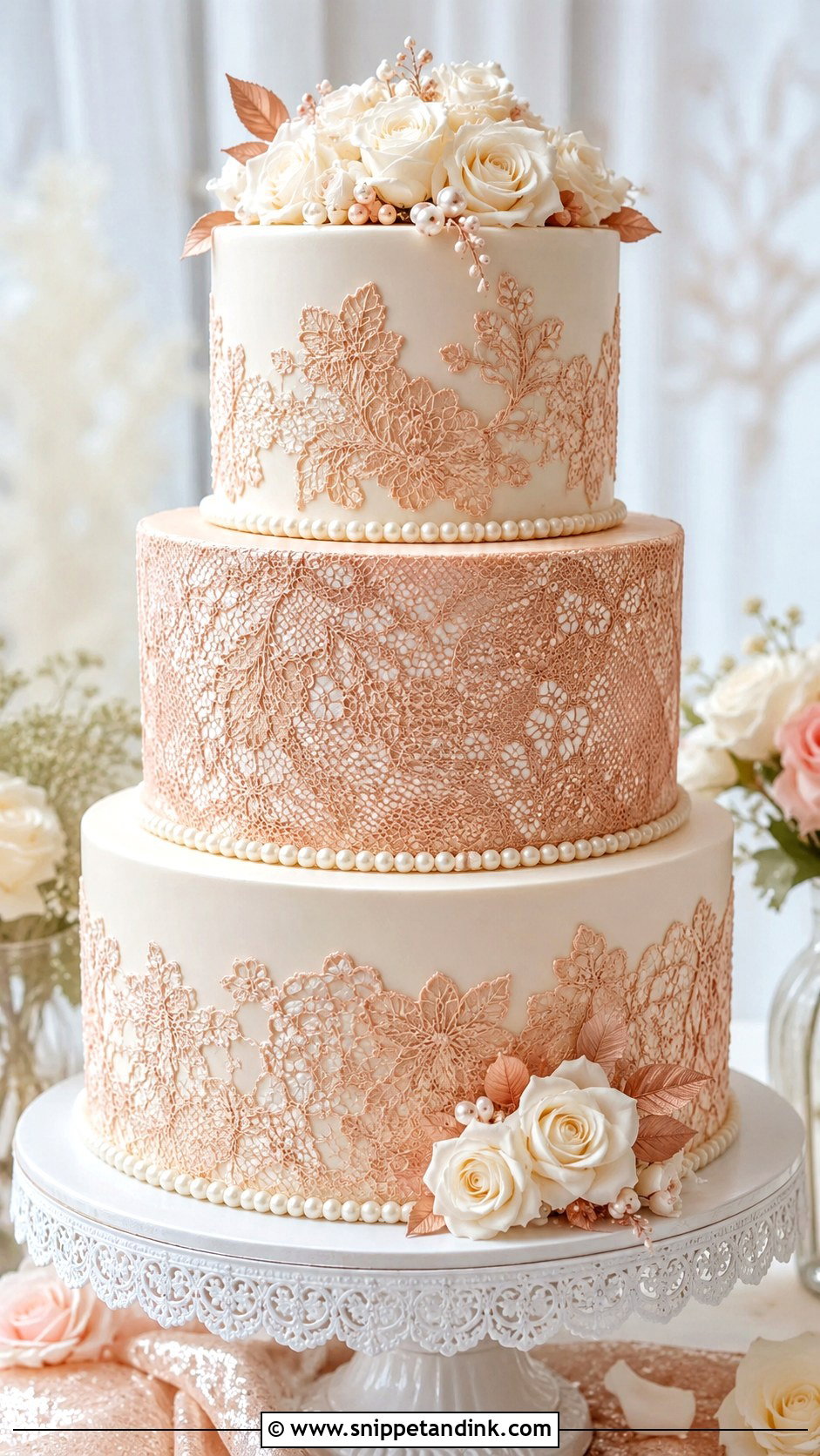 Rose Gold Wedding Cake With Lace - Snippet and Ink - 25 Rose Gold Wedding Cake Ideas