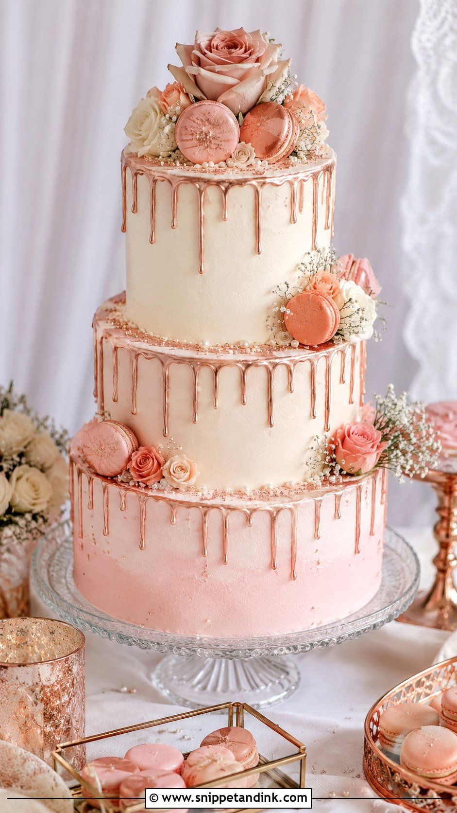 Rose Gold Wedding Cake With Macarons - Snippet and Ink - 25 Rose Gold Wedding Cake Ideas