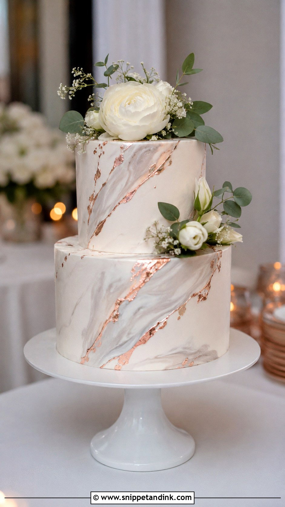 Rose Gold Wedding Cake With Marble - Snippet and Ink - 25 Rose Gold Wedding Cake Ideas