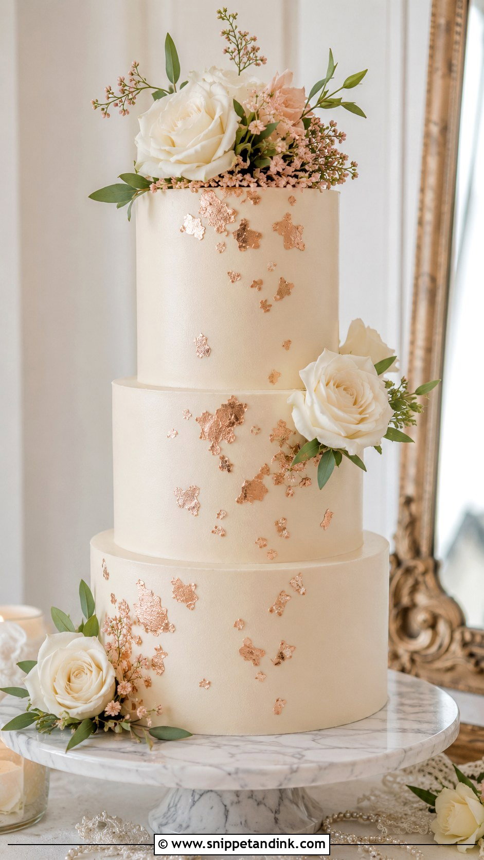 Rose Gold Wedding Cake With Metallic Leaf - Snippet and Ink - 25 Rose Gold Wedding Cake Ideas