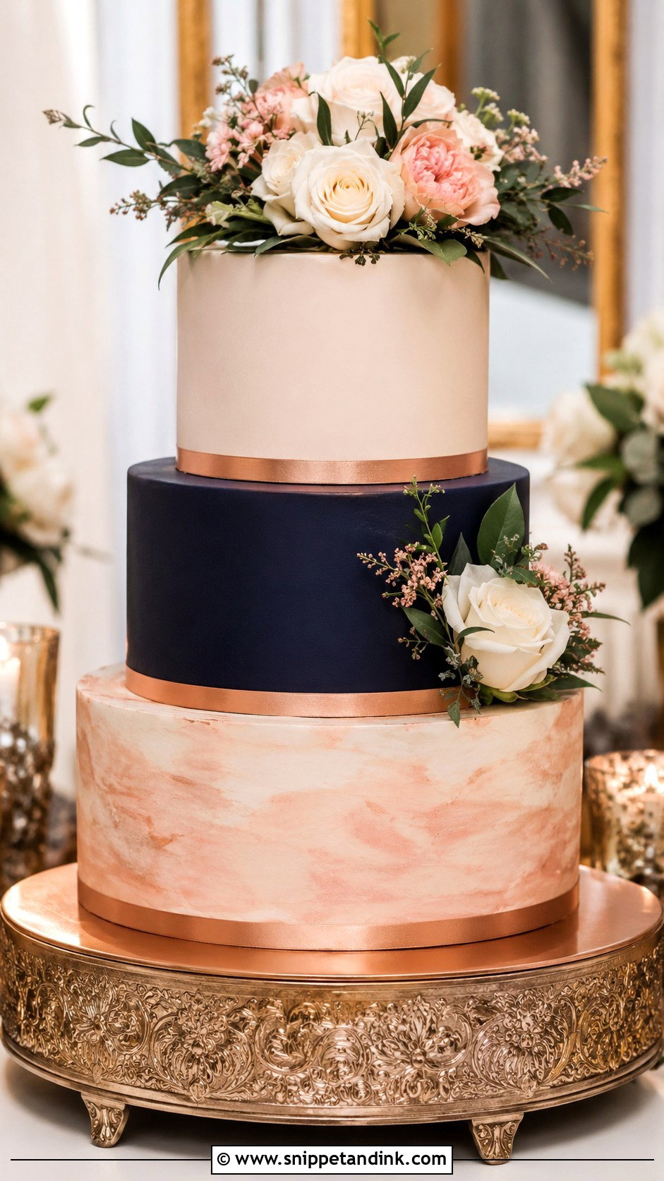 Rose Gold Wedding Cake With Navy - Snippet and Ink - 25 Rose Gold Wedding Cake Ideas