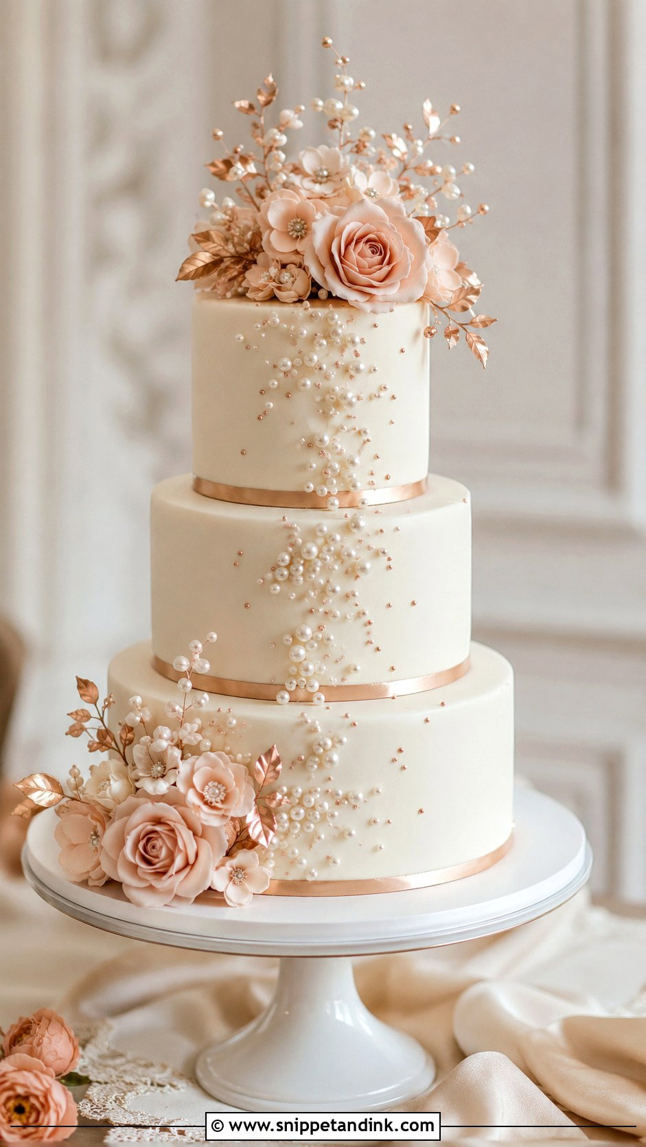 Rose Gold Wedding Cake With Pearls - Snippet and Ink - 25 Rose Gold Wedding Cake Ideas